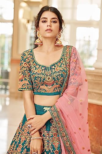 Zeel Clothing Teal Heavy Embroidered Velvet Semi-Stitched Lehenga Choli For Women (7419-Teal-Wedding-Bridal-Latest-New; Teal_Free Size)