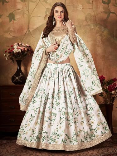 Zeel Clothing Organza Women's Digital Print & Heavy Embroidery Lace Semi Stitched Lehenga Choli With Dupatta (7027-White-Wedding-Stylish-Lehenga-Choli; Free Size)