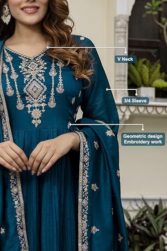 TRENDMALLS Women's Vichitra Silk Embroidery Salwar Suit Set Anarkali Kurta Set with Dupatta (G329-Morpeach-S)