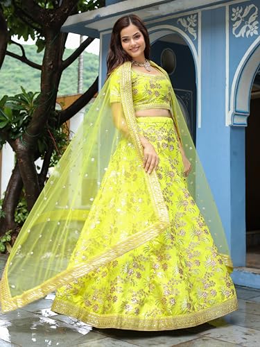 Zeel Clothing Art Silk Zari And Sequins Embroidered Art Silk Semi Stitched Lehenga Choli Set Women (7028-Neon-Wedding-Bridal-Designer-Latest-New; Free Size) (Neon), Green