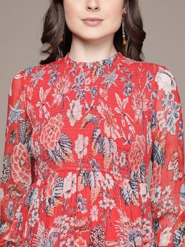 Label RITU KUMAR Closed Neck Full Sleeves Printed Short Dress Red