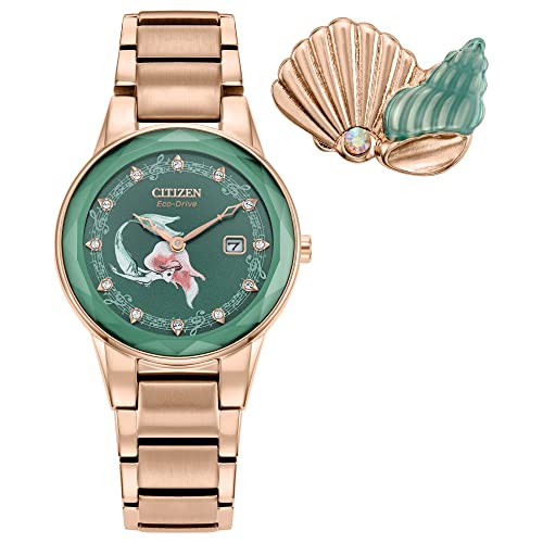 Citizen Eco-Drive Ladies' Special Edition Disney Princess Ariel "Making Waves my Way" Faceted Crystal Watch and Pin Gift Set, Gold Stainless Steel Watch, Green Dial, 30mm (Model: GA1073-63W), Rose