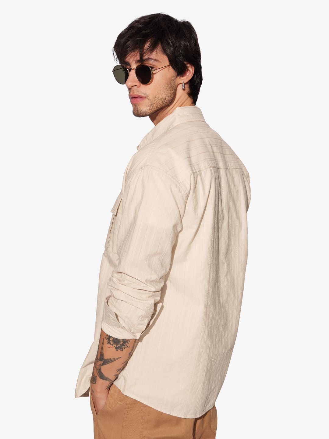 The Souled Store Solids: Rich Cream Men and Boys Long Sleeves Collared Neck Button Front Cotton Relaxed Fit Shirts