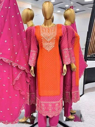 TRENDMALLS Women's Chiffon Embroidery Bandhani Print Salwar Suit Set Kurta Pant with Dupatta (G289-Orange-3XL-)