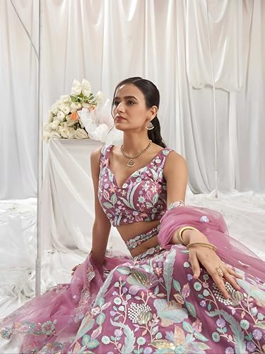 Zeel Clothing Women's Sequins Embroidered Work Soft Net Lehenga Choli With Dupatta (6020-Pink-Women-Lehenga-Choli-New; Free size)