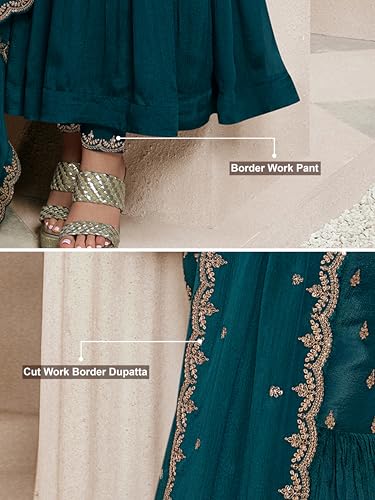 TRENDMALLS Women's Silk Blend Embroidery Anarkali Kurta Pant Set with Dupatta (G334-Morpeach-XXL-)