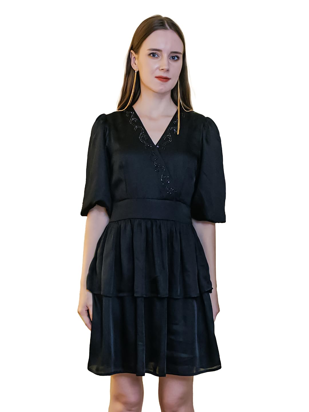 Zink London Women's Black Solid Layered Short Dress