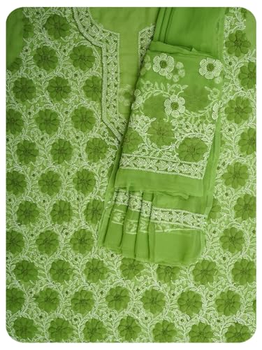 Ada Hand Embroidered Lucknowi Chikankari Unstitched Georgette Dress Material Suit Piece with Dupatta for Women 01A696681 Green
