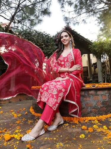 Stylum Women's Floral Printed Rayon Straight Kurta Pant Dupatta Set