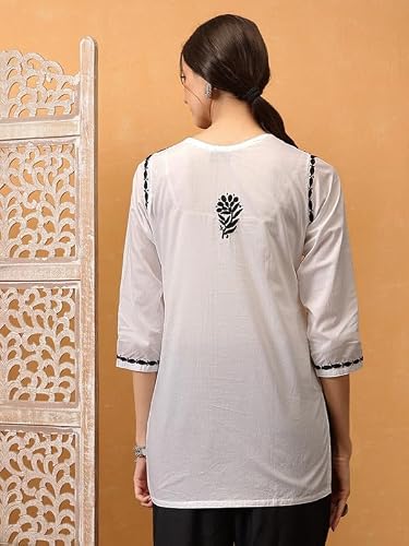 Ada Hand Embroidered Lucknowi Chikankari Cotton Short Kurti Top Tunic for Women A911479 White & Black (3XL)