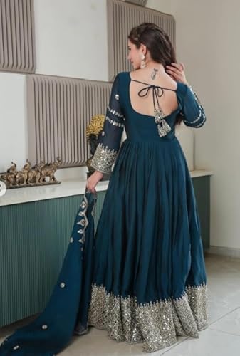 TILKI Fashion Women's Solid Embroidery Work Gown with Dupatta Long Sleeves and Round Neck Most Beautiful Havy Gown for Party | Wedding | Diwali |Any Occasion (in, Alpha, M, Regular, RAMA)
