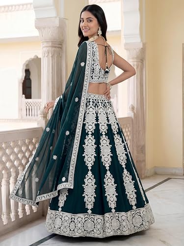 Zeel Clothing Women's Sequins Thread Embroidered Georgette Designer Lehenga Choli with Dupatta (5121-Green-Womens-Lehenga-Choli-Set; Free Size) (Green)