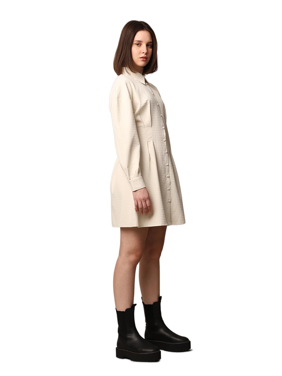 ONLY Women Textured Fit and Flare Casual Beige Shirt Dress
