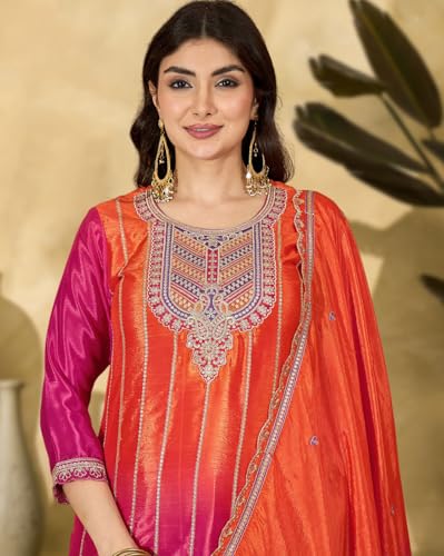 SheWill Rani & Orange Poly Chinon Kurta with Zari, Sequence, Thread & Cording Embroidery, Paired with Pant and Dupatta – A Vibrant Set SHEKS20006_S2P_A