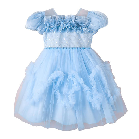 Hopscotch Girls Blue Short Sleeves Ruffled Party Dress