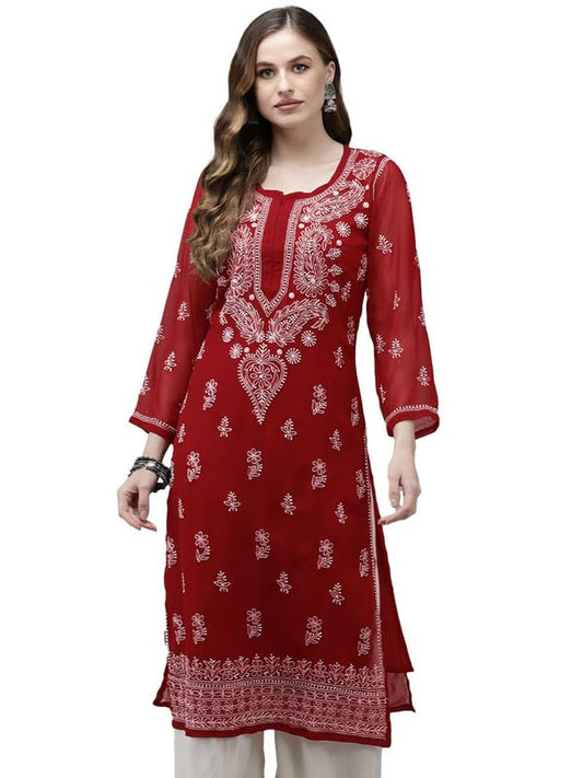 Ada Women Polyester Regular Fit Hand Embroidered Lucknowi Kurta Kurti with Slip A411349 Maroon (M)
