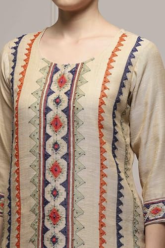 Biba Women Beige Linen Blend Hand Painted Unstitched Suit Set_FREE SIZE