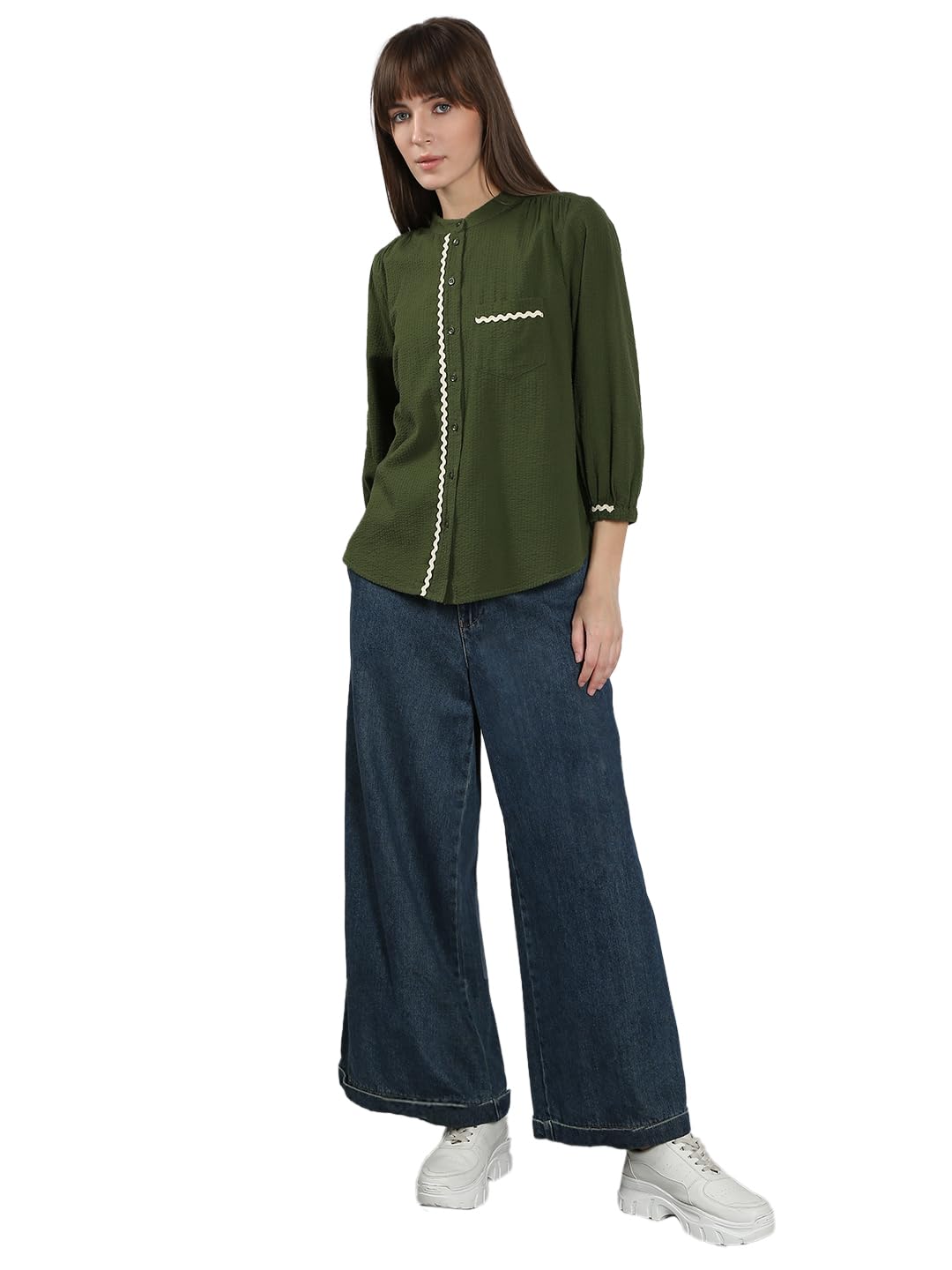 VERO MODA Women's Cotton Regular Fit Green Shirt