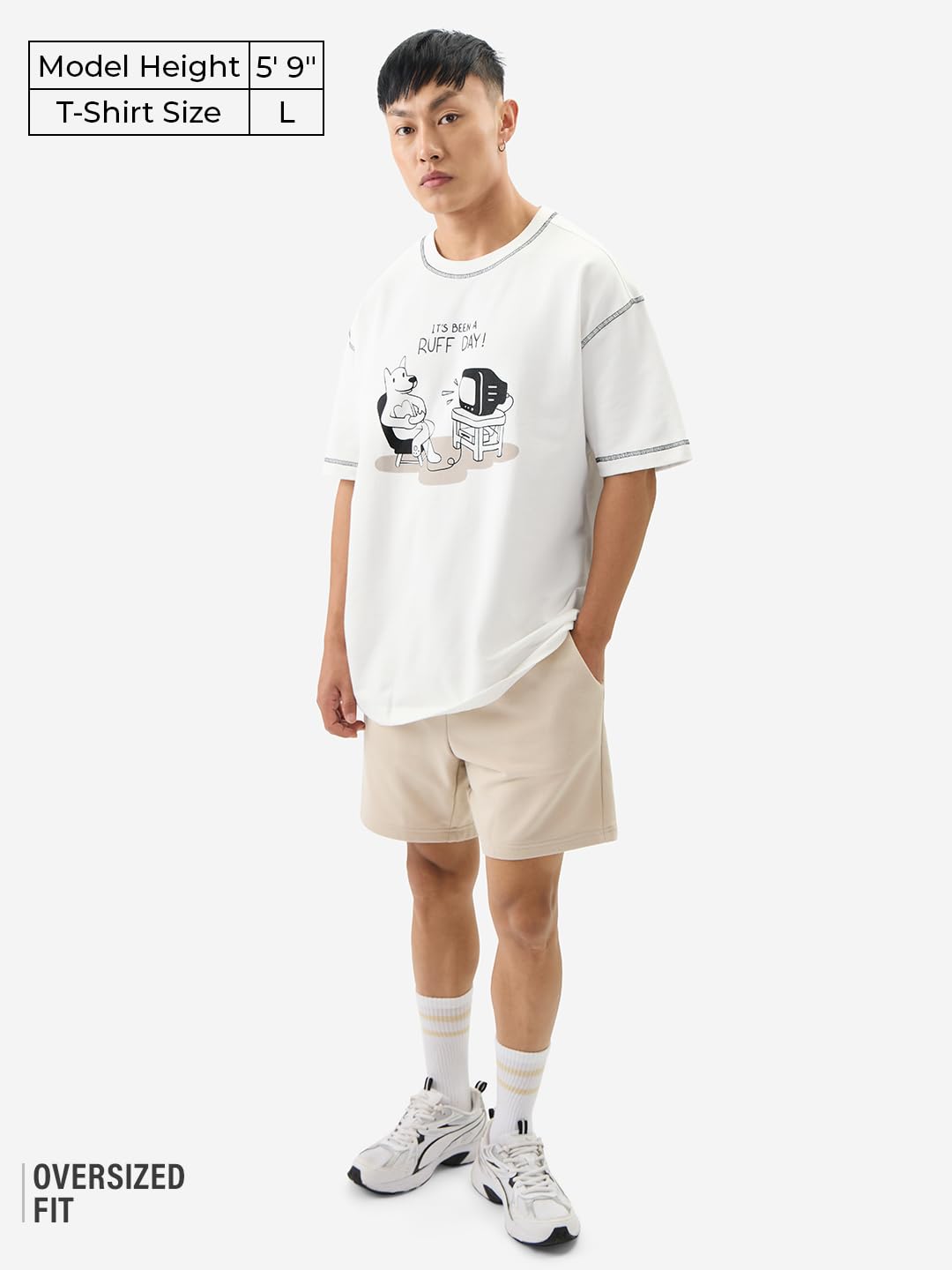 The Souled Store Ted The Stoner: Ruff Day Men and Boys Short Sleeves Round Neck Graphic Printed Cotton Oversized T-Shirts White