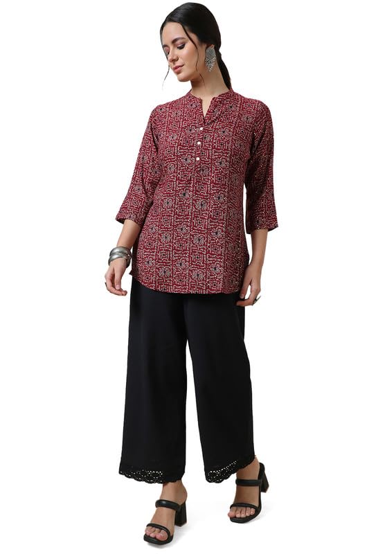 Soch Womens Wine Rayon Slub Abstract Print Tunic with Mandarin Collar