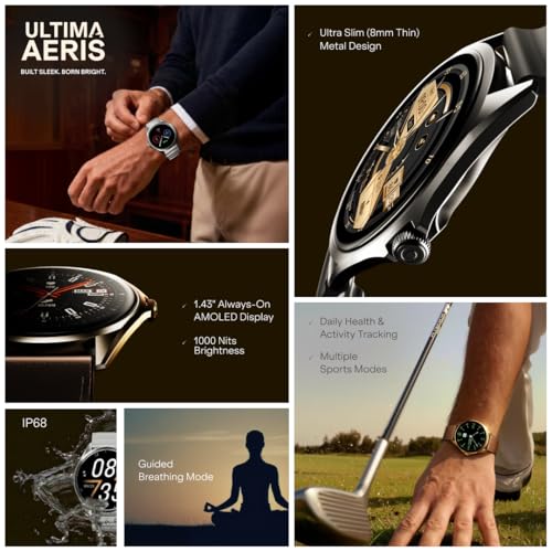 Boat Ultima Aeris 1.43" AMOLED Display, 1000 nits Brightness, Ultra Slim 8mm Metal Build, IP68, Auto HR & SpO2 Monitoring, Sleep & Stress Tracking, Stylish Smartwatch for Men & Women (Active Black)