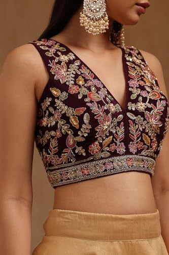 Soch Womens Wine Crepe Embroidered Padded Blouse with Sequins
