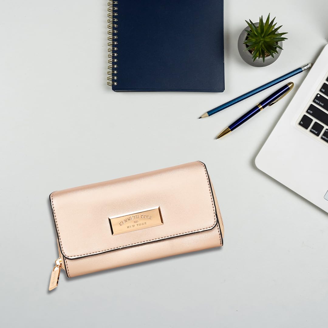 KENNETH COLE Ladies Front Flap Wallet | Women's Tri-fold Clutch Organizer with a Wide 3-Quarter Opening Zip-Around Compartment | Premium PU Leather | Sturdy, Stylish & Secure, GOLD