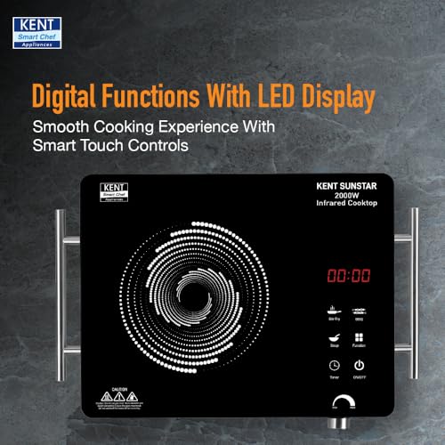 KENT Sunstar Infrared Cooktop 2000W | 3 Preset Menus | Grill Stand to BBQ & Roast | Microcrystalline Glass | Digital Functions with LED Display | Adjustable Temperature Knob | SS Handle |Auto Cut-Off