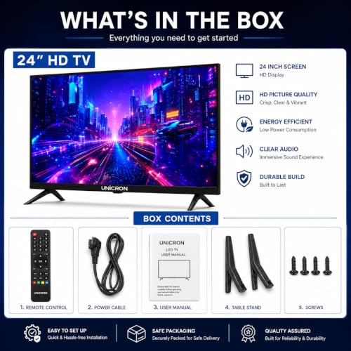 UNICRON 24 Inch HD LED TV Non Smart 20W Sound Output, Premuim Slim Design Crystal Clear Display with HDMI & USB Ports, Ideal for Home, Office & Monitor More