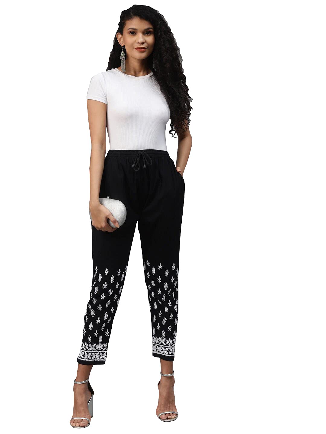 Ada Hand Embroidered Lucknow Chikankari Cotton Regular Fit Palazzo Pant For Women L711124 Black