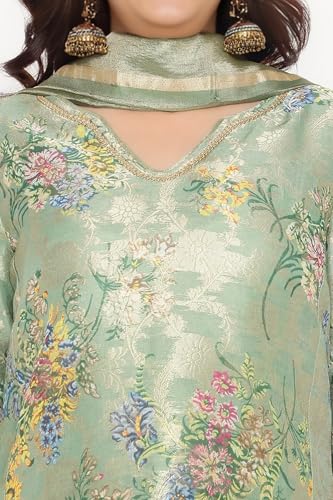 W for Woman Mint Green Printed Jacquard A-line Kurta, Straight Pant and Dupatta Set (Size: M)-WS13230-126423