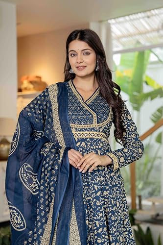 Pistaa's Women's Pure Cotton Anarkali Floral Printed Hand Work Kurta with Pant & Dupatta Set (Royal Midnight Blue, Large)