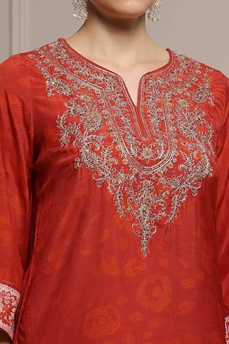 Biba Women Burnt Orange Viscose Blend Straight Printed Suit Set_32