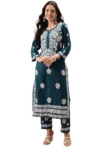 Ada Hand Embroidered Lucknowi Chikankari Cotton Kurta and Pant Set for Women A811260 Peacock Blue (XL)