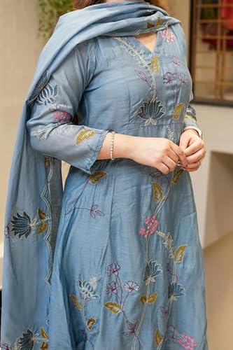 AVYUKTHA | Women Floral Embroidered Tiered Kurta with Palazzos & Dupatta | Thread Work Ethnic Set for Festive, Casual & Party | Blue | Size- M