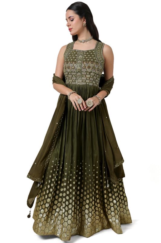 Soch Womens Green Embellished Silk Blend Gown with Mirror Work