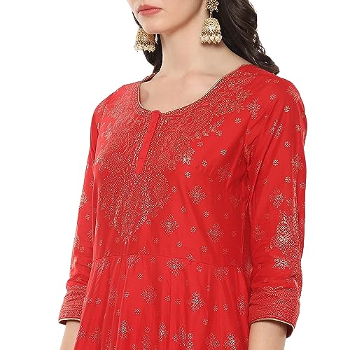 BIBA Cotton Women Printed Anarkali Salwar Kurta Dupatta(Skdgold Mur9148_Red_34)