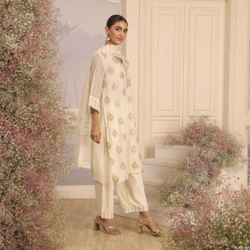 Biba Women's Chanderi Kurta Set (SKDMETWEV30281AW25OWHT_Off White