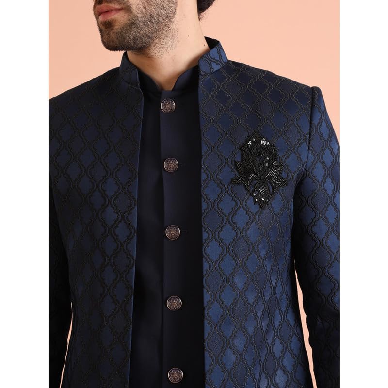 KISAH Mens Jacket Sherwani Trouser Set|Silk Blend Fabric Jacquard Pattern Indo-Western Sherwani Set for Men|Regular Fit Mandarin Collar Long Sleeves, Navy Blue, 44