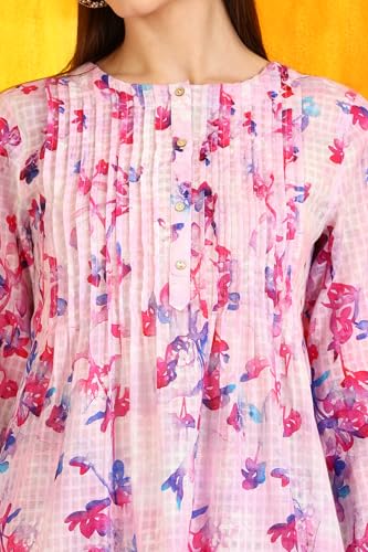 W for Woman Pink Floral Printed Textured Cotton Short Tunic and Pants Co-ord Set (Size: M)-WS31246-125342