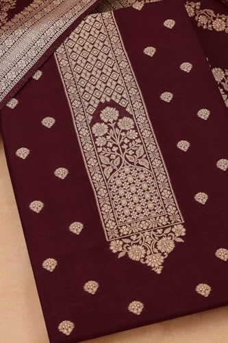 Soch Womens Wine Russian Silk Zari Woven Unstitch Dress Material With Zari Woven