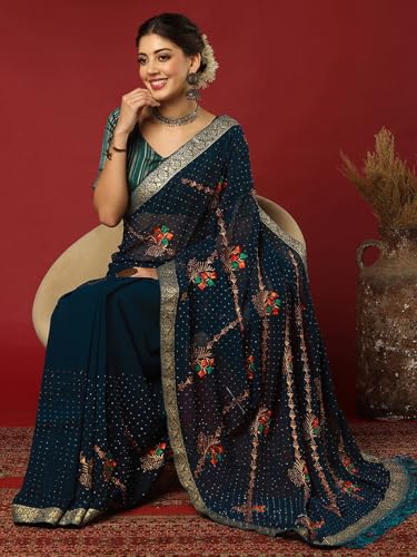 Satrani Women's Georgette Stone Work Embroidery Saree with Unstitched Blouse Piece (4396S3137N_Rama Blue)