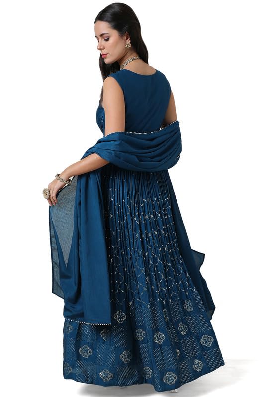 Soch Womens Teal Chinon Blend Embellished U Neck Gown with Sequins