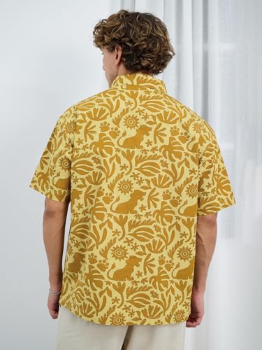 The Souled Store Lion King: Hakuna Vibes Men and Boys Short Sleeves Collared Neck Button Front Yellow All Over Printed Oversized Fit Cotton Holiday Shirts