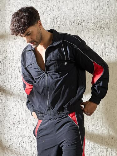 FUGAZEE Black & Red Crinkle Windbreaker Jacket for Men | Reflective Piping | Turtle Neck | Zipped Closure | Lightweight Polyester | Stylish Cut & Sew Design - XXL