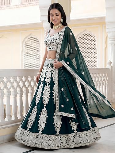 Zeel Clothing Women's Sequins Thread Embroidered Georgette Designer Lehenga Choli with Dupatta (5121-Green-Womens-Lehenga-Choli-Set; Free Size) (Green)