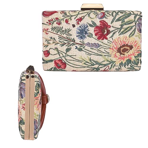 THE CLOWNFISH Ritzy Collection Womens Party Clutch Ladies Wallet with Chain Strap Evening Bag with Fashionable Button Closure (Flax)