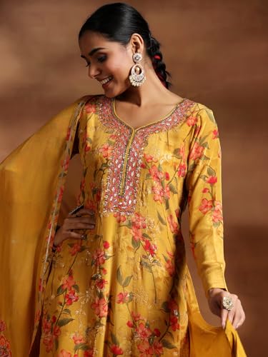 Libas Womens Printed Silk Blend Straight Kurta With Trousers and Dupatta