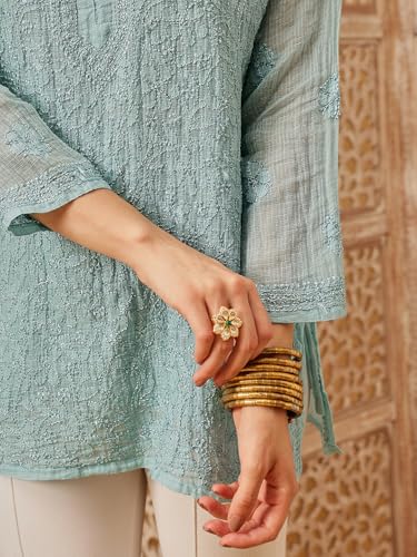 Ada Hand Embroidered Lucknowi Chikankari Kota Top Tunic Kurti with Slip for Women & Girls A911180 Green (XL)