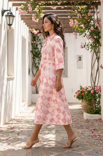 W for Woman Off-White Floral Printed Cotton Flax Flared Shirt Dress with Belt - (W13748-127069-S)